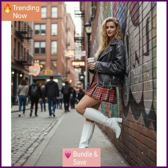 Knee High Block Heel Square Toe Gogo Boots 7CM Heel Waterproof PU - Picture 5 of 7